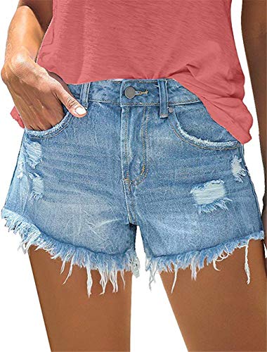 MODARANI Cut Off Denim Shorts for Women Distressed Jean Short Mid Rise Jeans Boyfriend Blue M