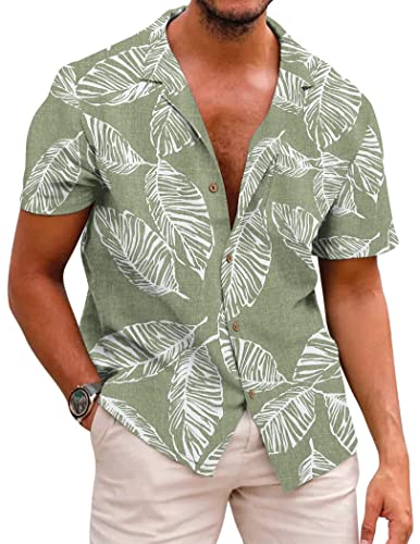 COOFANDY Men Hawaiian Floral Shirts Loose Fit Tropical Holiday Linen Beach Shirts