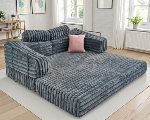 VanAcc Foldable Sofa Bed, Convertible Floor Sofa with Plush Faux Fur, No Assembly Mattress Couch for Living Room, Apartment, Bedroom, Dark Grey
