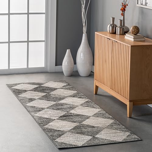 nuLOOM Gianna Contemporary Geometric Checker Tile Runner Rug, 2' 8" x 8', Grey