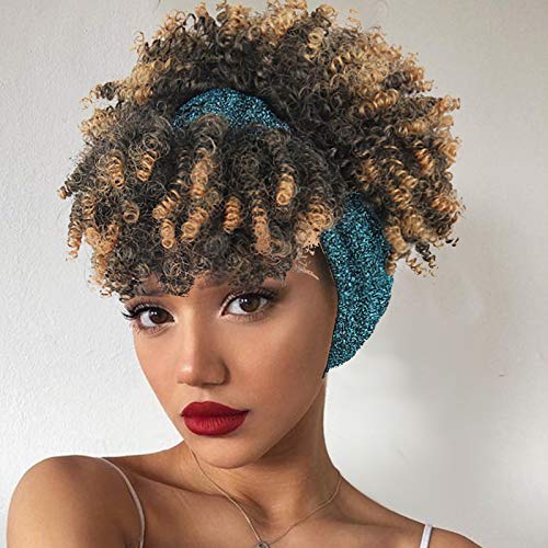 Aisaide Short Curly Wigs for Black Women,Synthetic High Puff Afro Ponytail Ombre Brown Wig with Bangs Wrap Wigs 2 in 1 Afro Kinky Curly Headwrap Wig with Headband Attached Scarf Wig Jerry Curly Wig