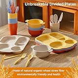 AmHoo 24 Pcs Wheat Straw Dinnerware Cutlery Set Including Kids Toddlers Divided Plates Bowl Microwave Dishwasher Safe Unbreakable Tableware Spoon Knife Fork Cup-Beige,Yellow,Blue,Orange