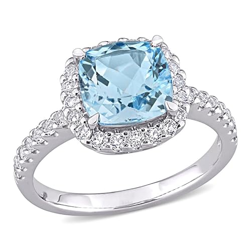 Abbie+Cleo Womens Cushion Cut Sky Blue Topaz and White Topaz Gemstone Halo Statement Ring in Rhodium Flash Plated Sterling Silver, Size 5