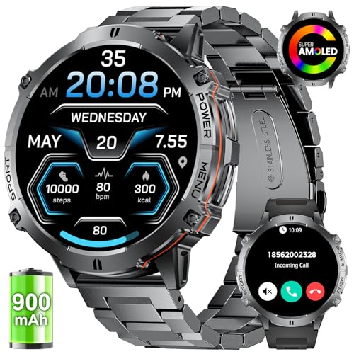 LIGE Smart Watches for Men with 900mAh Battery(60+Standby),1.73" AMOLED with Bluetooth Call,110+ Sports Mode Tactical Fitness Tracker/Heart Rate Sleep Health Monitor/Android iOS Military Smart Watch
