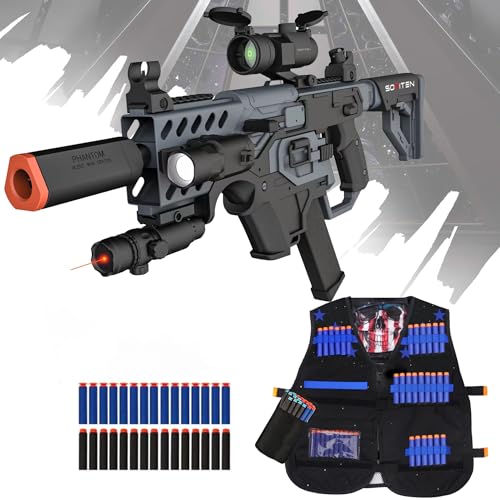 SOFITEN Toy Gun Automatic Sniper Rifle with Tactical Vest Kit, Scope. Toy Foam Blaster Dart Toys with 120 Darts, IR and Flashlight. The Shooting Activity Game for Kids Age 8+