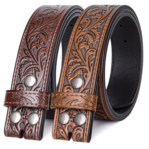 LALATCH Western Belts for Men Women without Buckle, 2 Pack Cowboy Cowgirl Belt Strap Country Western Leather Belts for Jeans, Coffee+Brown