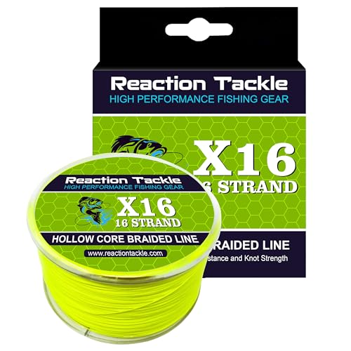 Reaction Tackle Hollow Core, 16 Strand Braided Fishing Line Hi Vis Yellow - 80LB / 500 Yards