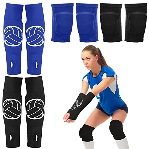 Sosation 2 Set Volleyball Knee Pads and Volleyball Arm Sleeves with Protection Pad Compression Forearm Wrist Guard with Thumb Hole Soft Breathable for Hitting Passing(Black, Blue)