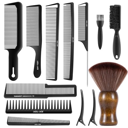 SALONSILK 13PCS Hair Cutting Shaving Brush and Comb Set, Professional Barber Combs for Hair Stylist, Premium Grade Barber Brush Neck Duster, Fading Comb Barber Clipper Comb