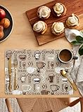 Coffee Theme Placemats Set of 6, Coffee Cup Bean Vintage Sketch Beige Placemats for Dining Table Place Mats for Kitchen Table Waterproof Table Mats, Wipeable Dining Table Set