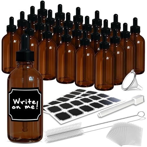 Nevlers 24PK Amber Dropper Bottle 4oz Set w/Shrink Wrap & Labels| Leakproof Glass Bottle with Dropper Useable as Medicine Dropper, Eye Dropper, Tincture Bottles with Dropper & Oil Bottles for Hair