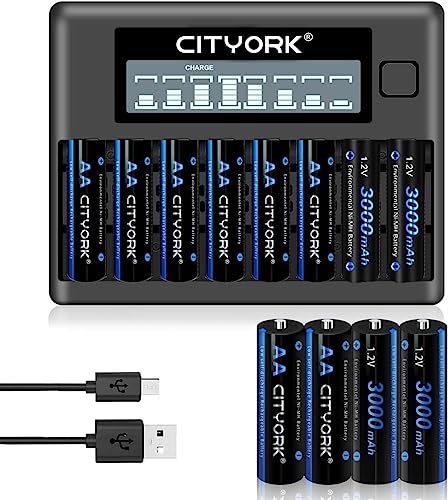 CITYORK 12 Pack AA 3000mAh 1.2V Ni-MH Rechargeable Batteries with Battery Case with 8 Bay AA AAA LCD Smart 1.2v NiMH/NiCd Charger, Fast Charging
