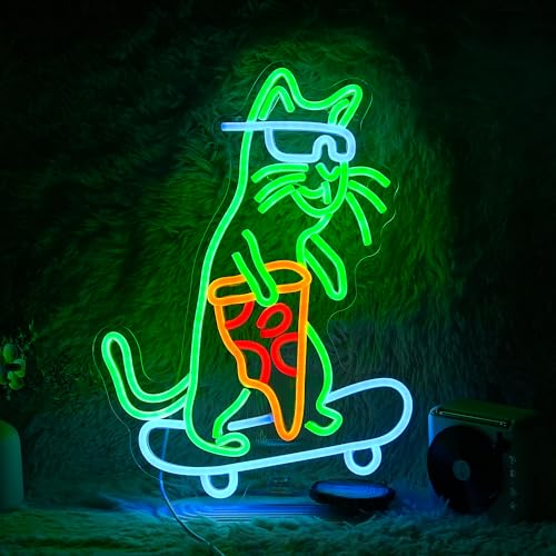 LIUOZHTEA Skateboard Cat Neon Sign LED Cool Glasses Cat Neon Light for Wall Decor Pizza Neon Light Sign Dimmable USB Cat Pizza Light Up Sign for Bedroom Pizza Restaurant Pet Shop Gift (16.7 "*12.2 ")