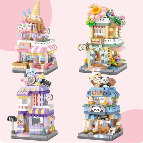 MEIEST 4 Mini City Shop Street View Building Blocks Model Set,Simulation Architecture Collection Particle Construction Building Bricks Toy,Home Decoration
