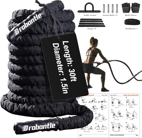 Brobantle Battle Rope 1.5 Inch Diameter,Black 30FT Exercise Workout Ropes for Home Gym Heavy Weighted Training Rope for Working Out