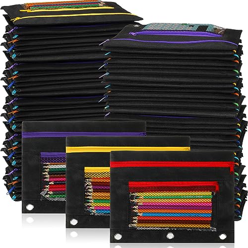 Zhehao 150 Pieces Zipper Binder Pencil Pouches 3 Ring Binder Zipper Pouches Case with Window Ring Pencil Bags Case or Office School Students Supplies(2 Zipper,Black)