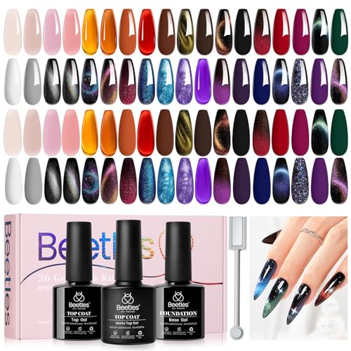 Beetles Cat Eye Gel Nail Polish 39 Pcs Jelly Nail Set Glitter Changing Nail Polish Kit Treasure Box Collection with 3Pcs Base Matte and Glossy Top Soak Off UV for Women Girls