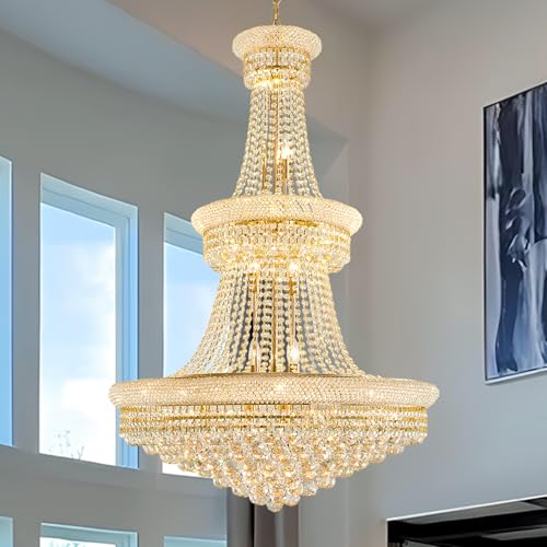 SHAOCHIAO 19-Lights Gold Large Crystal Chandelier Light Fixture, 3-Layer Luxury Empire Chandeliers Modern High Ceiling Hanging Chandelier for Living Room,Foyer,Staircase,Entryway (Gold,D31.5 x H47)