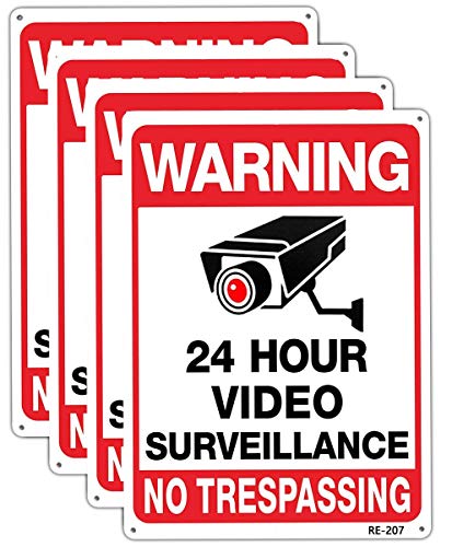 Warning Security Cameras In Use 24 Hour Video Surveillance Sign 10x14 Aluminum UV Ink Printed,Durable/Weatherproof Up to 7 Years Outdoor for House and Business (4-Pack)