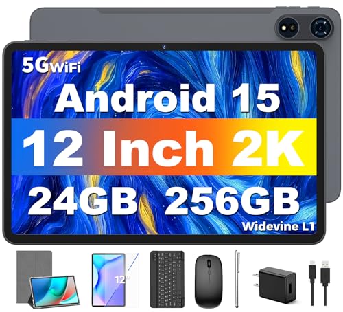 Tablet 12 inch Android 15 Tablets, 24GB（8+16）RAM+256 Storage(Expand to 1TB), Android Tablet with Keyboard, Octa-Core, 2K 2000x1200 Display, 16MP Dual Camera, 8000mAh, 5G WiFi,GPS,Bluetooth 5.0（Silver）