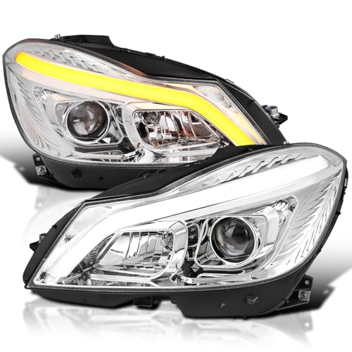 SPEC-D TUNING Chrome Switchback Sequential LED Tube Projector Headlights Compatible with 2012-2014 Mercedes-Benz W204 C-Class C250 C300 C350 C63, Left + Right Pair Headlamps Assembly