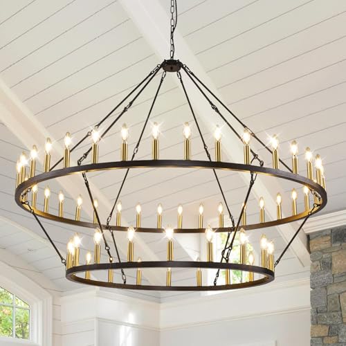 60 Inch Black and Gold Wagon Wheel Chandelier, 2 Tier 54-Lights Farmhouse Dining Room Light Fixture, Round Rustic Kitchen Island Lighting, Extra Large Foyer Chandeliers for High Ceilings, for Entryway