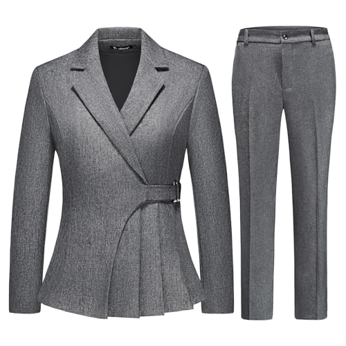 TRONSTORE Women's Pants Suit Solid Jacket 2 Piece Set Irregular Blazer Suit Business Casual Grey L