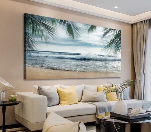 arteWOODS Tropical Beach Canvas Wall Art - Ocean Waves Pictures Coastal Oceanic Blue Sky and Sea Print Seaside Palm Tree Leaves Scene Painting Artwork Living Room Bedroom Office Home Decor 24" x 48"