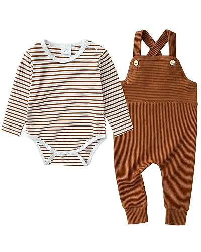 DISAUR Baby Boy Clothes 0-3 Months White Brown Stripe Long Sleeve Romper Brown Overall Pants Fall Baby Boy Clothes Coming Home Cute Style