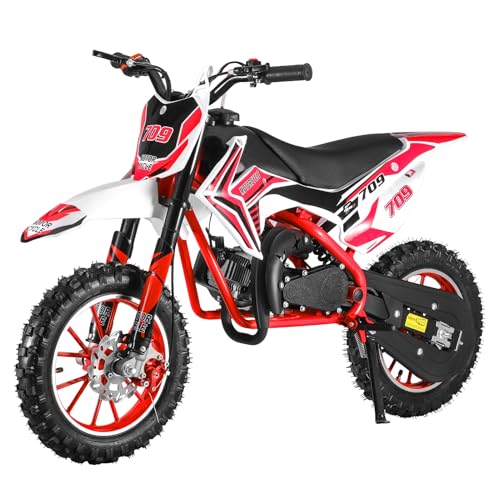 feneihe 50cc Dirt Bike,2-Stroke Kid Dirt Bike,Dirt Bikes for Kids 8-14,Off Road Gas Power Mini Pocket Motorcycle with Front Rear Disc Brakes,Mini Dirt Scooter Bike with Speeds up to 40 MPH Red