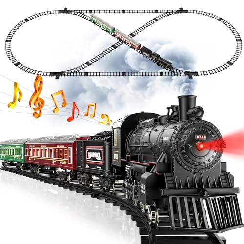 Hot Bee Train Set, Remote Control Train Toys with Luxury Track & Glowing Passenger Carriages, Metal Christmas Tree Train with Smoke, Light and Sound, Toy Train Set for 3 4 5 6 7+ Years Old Boys Gifts