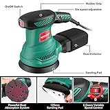 5-Inch Random Orbital Sander, HYCHIKA 13000RPM Electric Orbital Sander with 6 Various Speeds, Palm Sander with 12 Pcs Sandpapers, 1 Pcs Dust Bag, Fit for Woodworking/Sanding