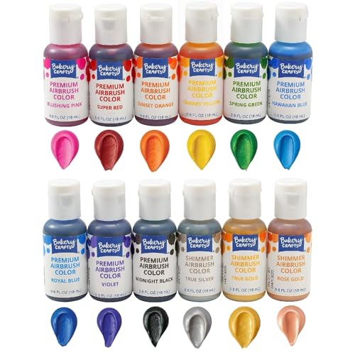 Bakery Crafts Premium Airbrush Food Coloring, 12 Bottle Set, 7.2 Fl Oz, Edible Paint For Use With All Airbrush Kits - Cake Decorating, Food Painting, Frosting, Red, Pink, Yellow, Green, Blue, Black, Gold, Silver, Rose Gold, Shimmer - 12 x 0.6FL OZ