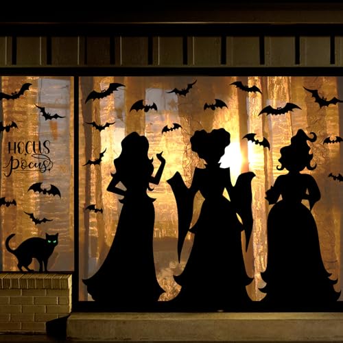 Halloween Window Clings Decor Decorations: Extra Large Hocus-Pocus Witchs Black Cat Bat Silhouette Window Decals, Halloween Window Stickers Indoor, School Home Office Party 3 Sheets