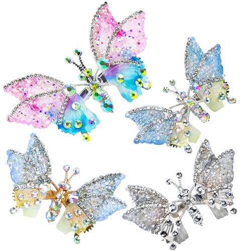 4Pcs Flying Butterfly Hairclips for Girls, Cute Moving Wings 3D Butterfly Hairpins Glitter Rhinestones Barrettes Hair Accessories for Little Girls
