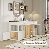 Dog Crate Furniture - Indoor Wood Dog Kennel Furniture with Divider, 4 Doors and 2 Drawers - 72" L x 23.6" W x 34.8" H, White