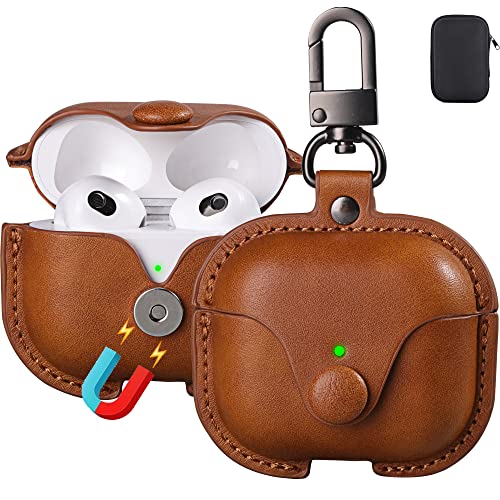 Maxjoy for Airpods 3 Case Leather, Airpods 3rd Case Cover 2021 AirPod Gen 3 Protective Cover with Keychain Compatible with Apple Airpods Generation 3rd 2021 (Front LED Visible), Brown