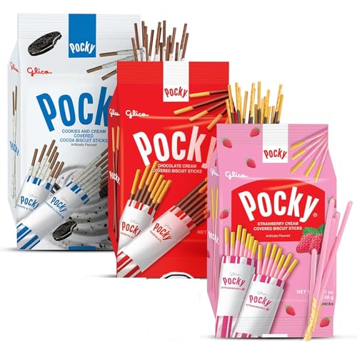 Pocky Sticks Japanese Snacks Pocky Variety Pack of 3 Asian Snacks - Poky Stix Strawberry, Chocolate, Cookies, and Cream Asian Candy by Grateful Grocer, 3 Piece Set, 1.0 Count, 108.0 grams