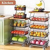 Fruit Basket Kitchen Pantry Organizers and Storage - Wooden Top Table, Stackable Metal Wire Basket Stand Cart For Fruit Vegetable Snacks Jars Bins Containers Organization, Black