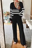 Fixmatti Women Striped Sweater Set 2 Piece Outfits V Neck Long Sleeve Knit Top Wide Leg Pant Lounge Set Black L