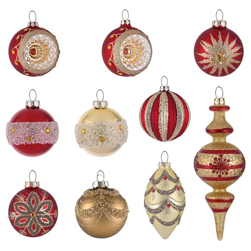Valery Madelyn Glass Christmas Ornaments Set for Valentines Mardi Gras, 10ct Red Gold Mercury Blown Large Glass Christmas Tree Ball Decorations, Luxury Hanging Teardrop Finial Faceted Reflector Decor