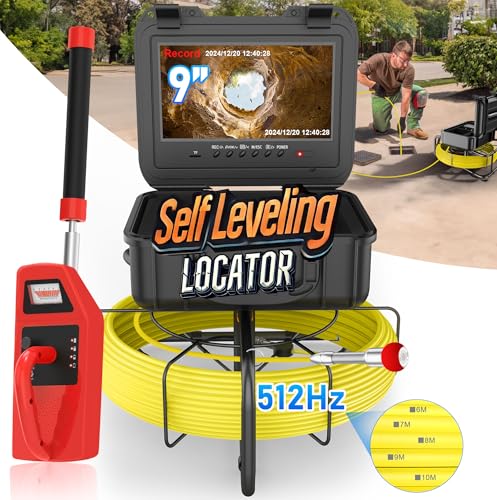 Sewer Camera Self-Leveling and Locator, 9'' HD Plumbing Cameras with Depth Marking, Zoom, and Adjustable Brightness LED Lights, Ideal for Drain, Pipes, Wells, Machinery, and Industrial Applications