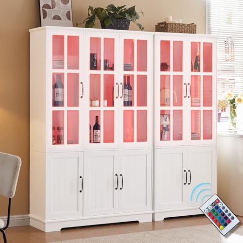 AMERLIFE 71" Tall Modern Storage Cabinet with Glass Doors & LED Lights, Large Display Cabinet with 5-Tier Shelves, Accent Furniture for Study/Living Room, Dining Room, Home Office, 6+4 Doors White