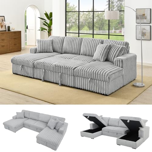 RENDGO 122“ Oversized Corduroy U Shaped Sectional Sleeper Couch with Double Storage Chaise, Pull Out Sofa Bed for Apartment Grey