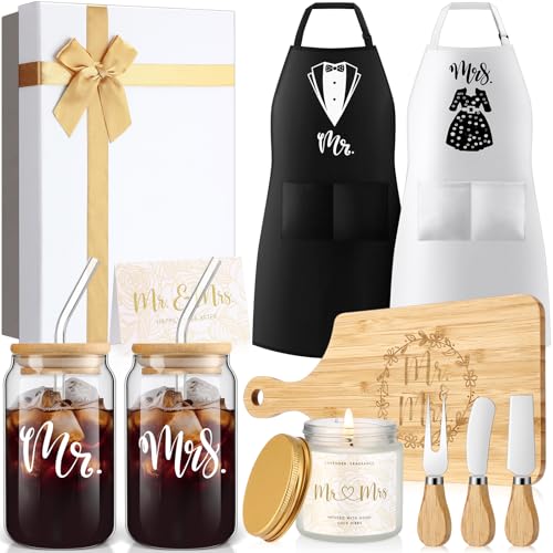 Singhoow 12 Pcs Wedding Gifts for Couples Mr Mrs Glass Cups Aprons Charcuterie Board Candle Butter Knife Box Set for Bridal Shower Engagement Anniversary Newlywed Bride Groom His and Her