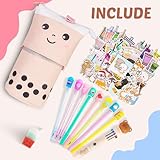 Primo Lines Kawaii Pencil Case and Complete 61 PCS Pink Stationary Set with Pop Up Cute Boba Case, 8 Pens, 50 Bubble Tea Stickers, Multi Color Pen For School Supplies