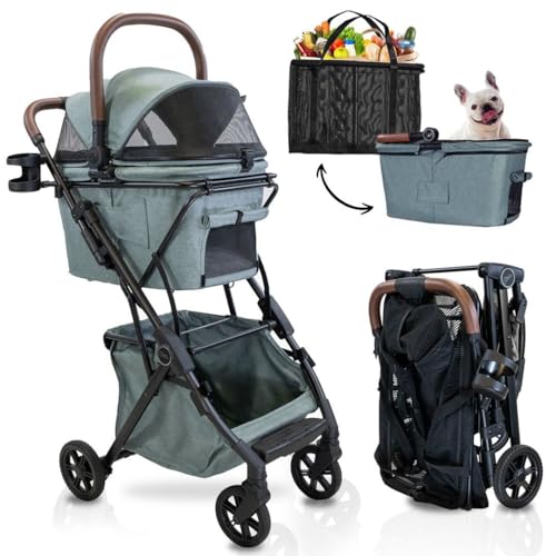 Strolee Luxury Pet Stroller & Personal Folding Shopping Cart on Premium Wheels – Lightweight Aluminum Frame – Removable Bassinet, Shopping Bag- Small to Medium Dogs & Cats (Sage v3 Pet Bassinet)