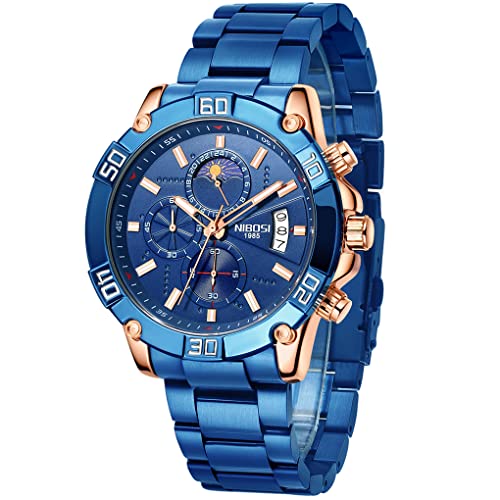 NIBOSI Watches for Men Blue Large Big Face Waterproof Chronograph Stainless Steel Luxury Luminous Fashion Casual Analog Quartz Sports Business Moon Phase Wrist Watch Father Gifts