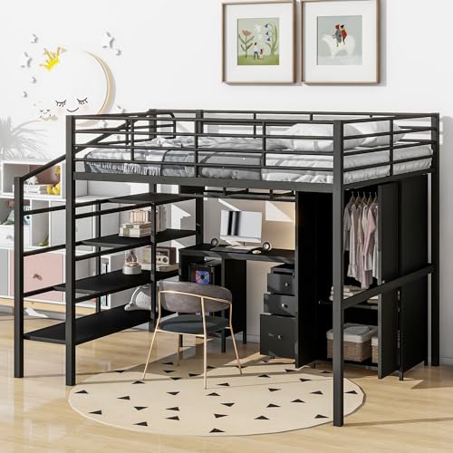 Ibraccieni Full Size Loft Bed - Industrial Metal Full Loft Bed with Desk, Wardrobe & Cabinet, Heavy-Duty Loft Full Bed with Safety Guardrails & Stairs, Space Saving for Bedroom Guest Room Dorm, Black