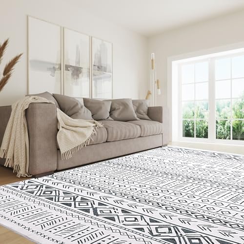 MABOZOO Modern Area Rug, 10' x 14' Stain Resistant Bohemian Living Room Rug, Soft Faux Wool Geometric Area Rug Boho Carpet for Bedroom, Living Room, Kitchen, Dining Room(Black)